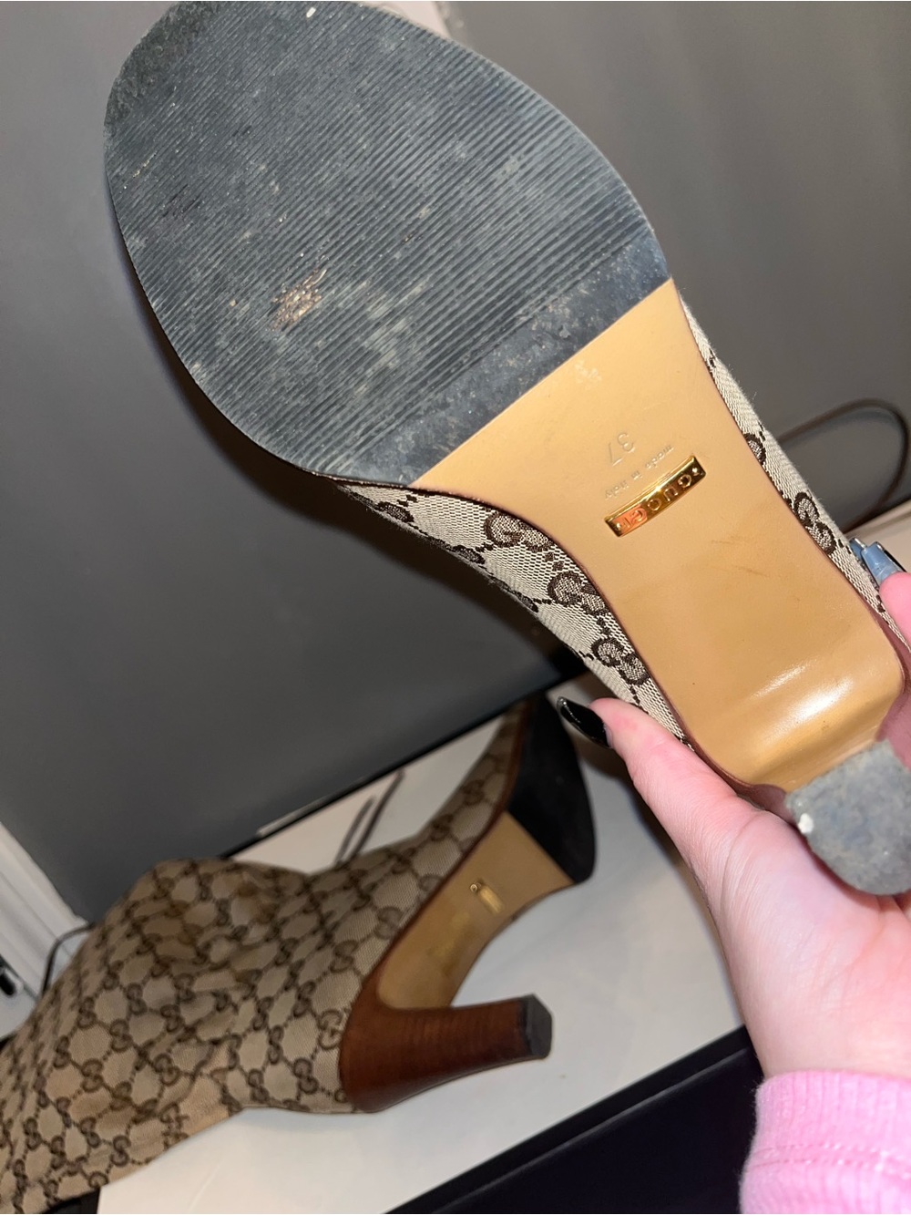 Gucci Original GG Canvas Over-the-Knee Boots Brown Trim Tie Detail - Picture 7 of 7